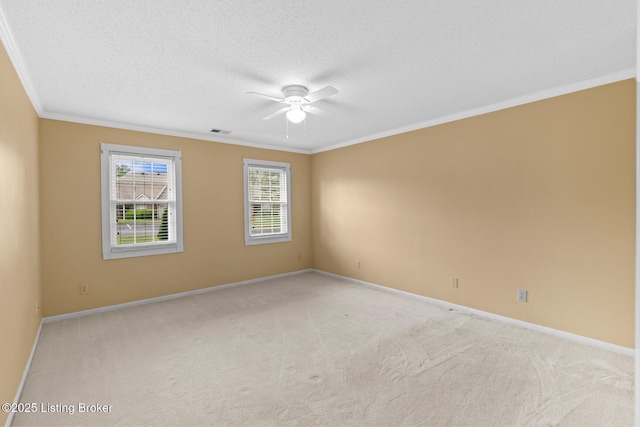 8001 Port Royal Ct, Louisville, KY 40291 - empty room featuring crown molding, ceiling fan, light colored carpet, and a textured ceiling
