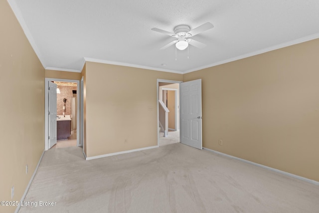 8001 Port Royal Ct, Louisville, KY 40291 - unfurnished bedroom with ornamental molding, light carpet, ensuite bath, and ceiling fan
