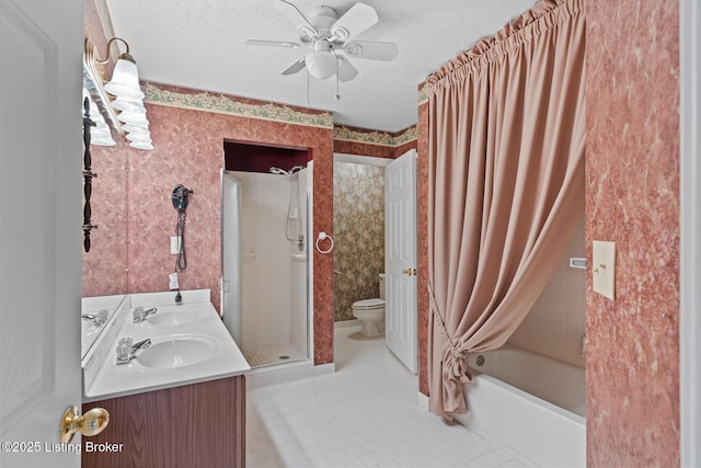 8001 Port Royal Ct, Louisville, KY 40291 - bathroom with tile patterned flooring, a textured ceiling, ceiling fan, double vanity, and shower / tub combo
