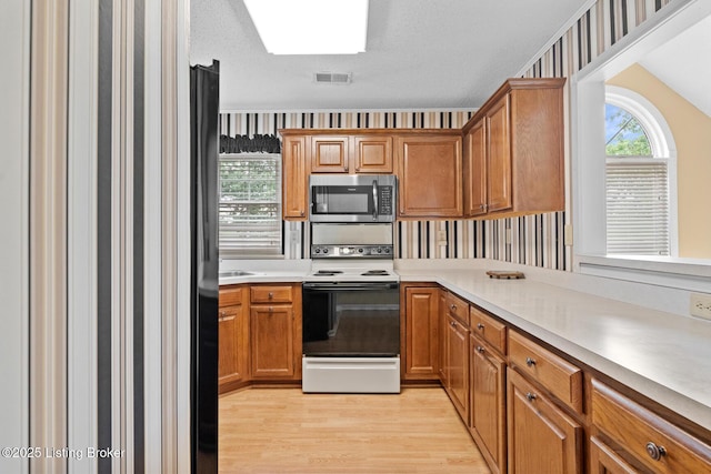 8001 Port Royal Ct, Louisville, KY 40291 - kitchen featuring stainless steel microwave, electric stove, light wood-type flooring, light countertops, and brown cabinets
