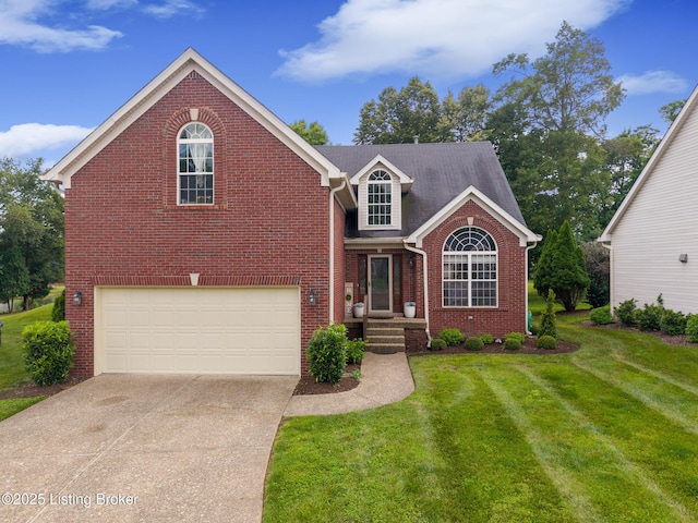 3506 Coventry Tee Ct, Louisville, KY 40241 - traditional home with a garage, concrete driveway, brick siding, and a front lawn
