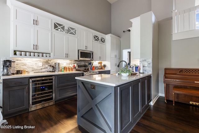 3506 Coventry Tee Ct, Louisville, KY 40241 - kitchen featuring wine cooler, stainless steel appliances, tasteful backsplash, gray cabinets, and a high ceiling