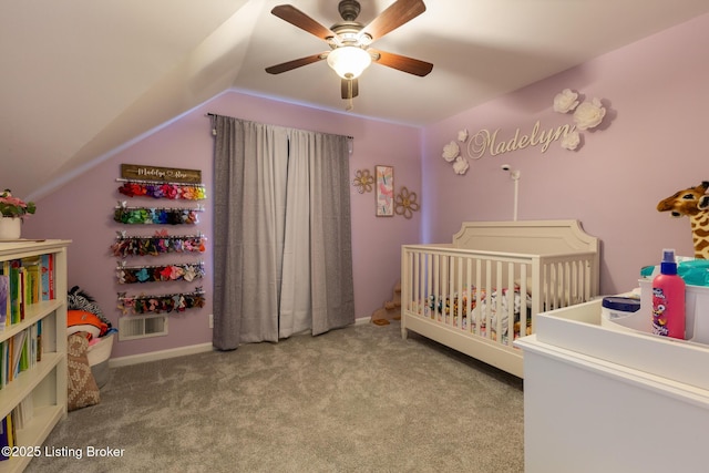 3506 Coventry Tee Ct, Louisville, KY 40241 - carpeted bedroom with a crib, vaulted ceiling, and ceiling fan
