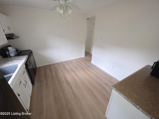 8308 Lake Superior Dr, Louisville, KY 40291 - kitchen with white cabinets, ceiling fan, light wood-style floors, and ornamental molding