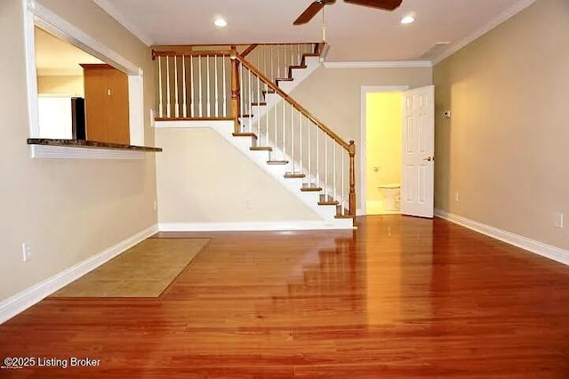7816 Turtle Run Ct #, Ct-F Prospect, KY 40059 - stairway featuring ceiling fan, ornamental molding, wood finished floors, and recessed lighting