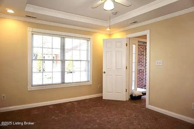 7816 Turtle Run Ct #, Ct-F Prospect, KY 40059 - unfurnished room featuring a tray ceiling, ornamental molding, a ceiling fan, and carpet floors