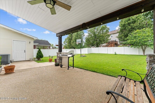 9311 Artis Way, Louisville, KY 40291 - fenced backyard with a patio area, a grill, and ceiling fan