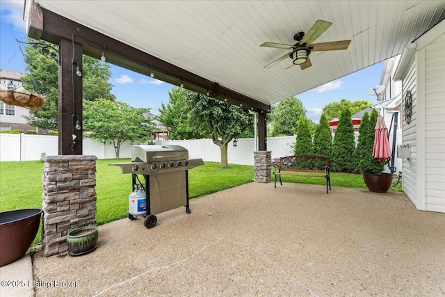 9311 Artis Way, Louisville, KY 40291 - fenced backyard featuring a grill, ceiling fan, and a patio area