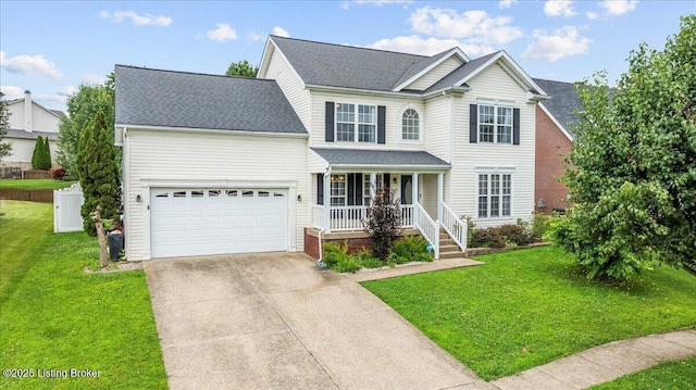 9311 Artis Way, Louisville, KY 40291 - traditional-style house featuring covered porch, concrete driveway, a front yard, a garage, and a shingled roof