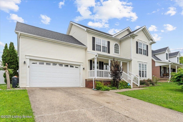 9311 Artis Way, Louisville, KY 40291 - traditional home with covered porch, concrete driveway, a front yard, and an attached garage