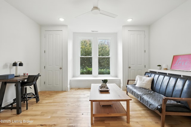 143 State St, Louisville, KY 40206 - living room with light wood-style floors, ceiling fan, recessed lighting, and an office area