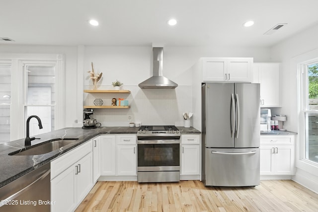 143 State St, Louisville, KY 40206 - kitchen with stainless steel appliances, wall chimney exhaust hood, dark stone countertops, decorative backsplash, and open shelves
