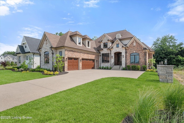 6511 Rosecliff Ct, Prospect, KY 40059 - french country inspired facade with stone siding, a garage, a front yard, and concrete driveway