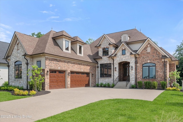 6511 Rosecliff Ct, Prospect, KY 40059 - french provincial home featuring stone siding, driveway, a front lawn, a garage, and a shingled roof