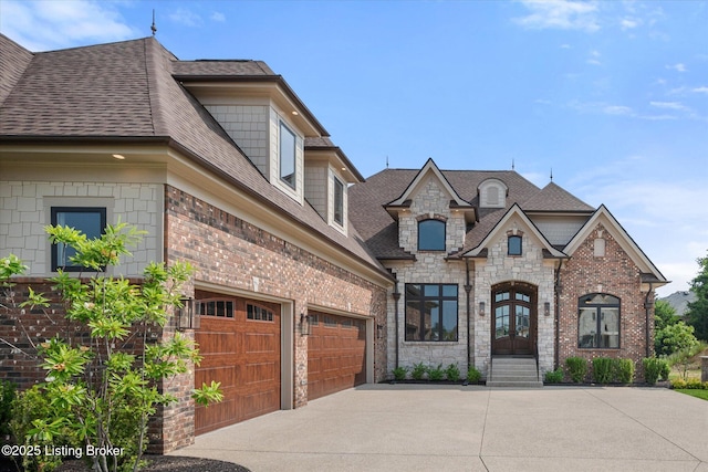 6511 Rosecliff Ct, Prospect, KY 40059 - french country home featuring concrete driveway, roof with shingles, brick siding, and an attached garage