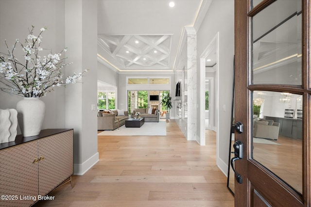 6511 Rosecliff Ct, Prospect, KY 40059 - entryway with coffered ceiling, recessed lighting, crown molding, light wood finished floors, and beam ceiling