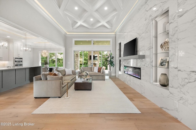 6511 Rosecliff Ct, Prospect, KY 40059 - living room with a fireplace, ornamental molding, recessed lighting, coffered ceiling, and a chandelier