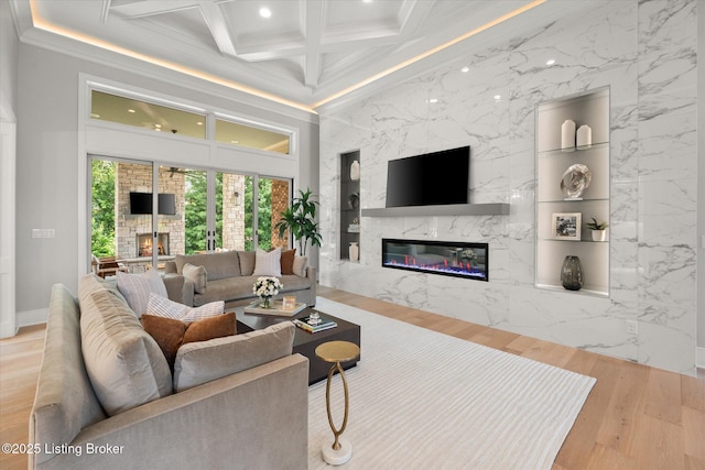 6511 Rosecliff Ct, Prospect, KY 40059 - living area with a fireplace, ornamental molding, recessed lighting, coffered ceiling, and wood finished floors