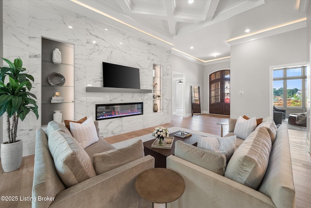 6511 Rosecliff Ct, Prospect, KY 40059 - living room with ornamental molding, a high end fireplace, recessed lighting, beam ceiling, and wood finished floors