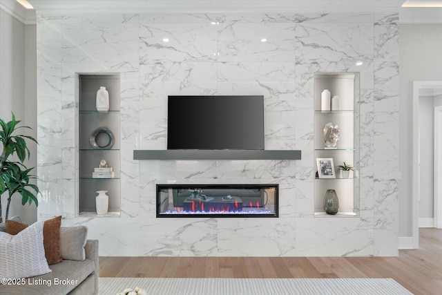 6511 Rosecliff Ct, Prospect, KY 40059 - living area featuring a high end fireplace and wood finished floors