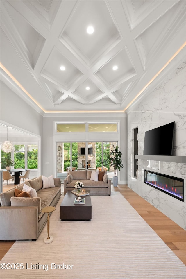 6511 Rosecliff Ct, Prospect, KY 40059 - living room featuring coffered ceiling, a premium fireplace, recessed lighting, ornamental molding, and beamed ceiling