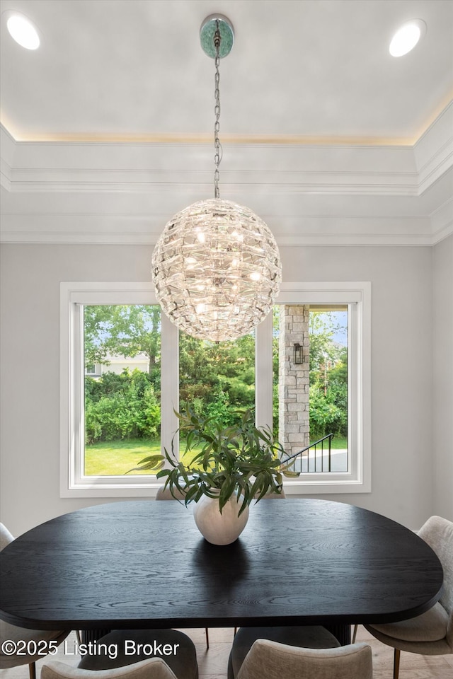 6511 Rosecliff Ct, Prospect, KY 40059 - dining area with crown molding, healthy amount of natural light, a raised ceiling, and a chandelier
