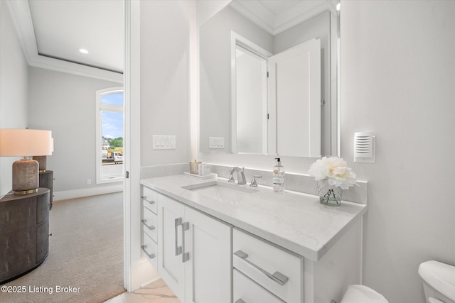 6511 Rosecliff Ct, Prospect, KY 40059 - half bathroom with ornamental molding, vanity, and recessed lighting