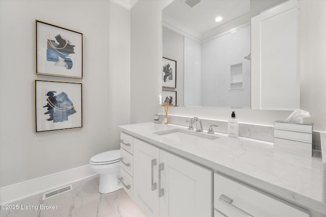 6511 Rosecliff Ct, Prospect, KY 40059 - bathroom with vanity, marble look tiles, ornamental molding, and recessed lighting