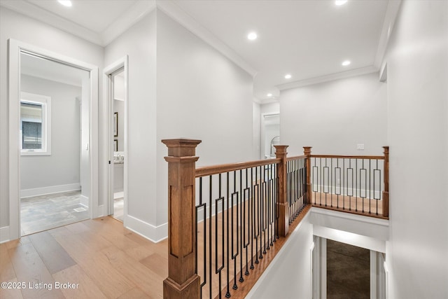 6511 Rosecliff Ct, Prospect, KY 40059 - hallway with an upstairs landing, wood finished floors, ornamental molding, and recessed lighting