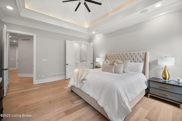 6511 Rosecliff Ct, Prospect, KY 40059 - bedroom featuring ornamental molding, recessed lighting, light wood finished floors, and ceiling fan