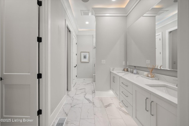 6511 Rosecliff Ct, Prospect, KY 40059 - bathroom featuring marble look tiles, double vanity, crown molding, and recessed lighting
