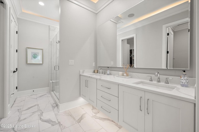 6511 Rosecliff Ct, Prospect, KY 40059 - bathroom featuring marble finish floors, double vanity, crown molding, a shower stall, and recessed lighting