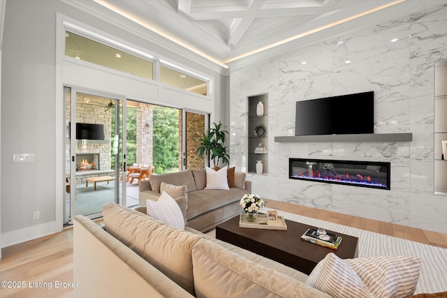 6511 Rosecliff Ct, Prospect, KY 40059 - living room featuring a premium fireplace, ornamental molding, built in features, coffered ceiling, and wood finished floors