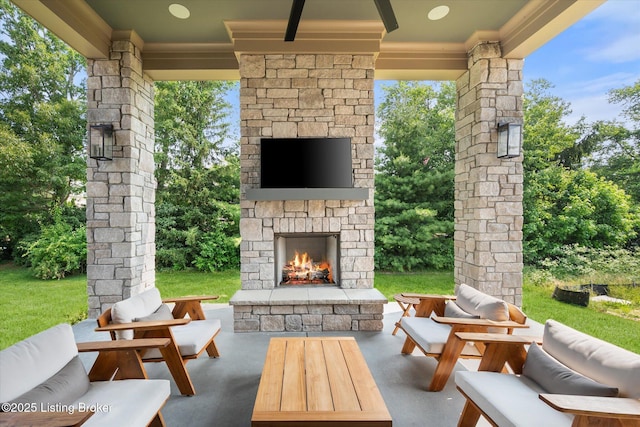 6511 Rosecliff Ct, Prospect, KY 40059 - view of patio / terrace featuring an outdoor stone fireplace