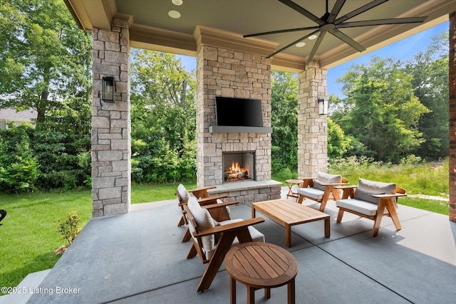 6511 Rosecliff Ct, Prospect, KY 40059 - view of patio with an outdoor stone fireplace and view of wooded area