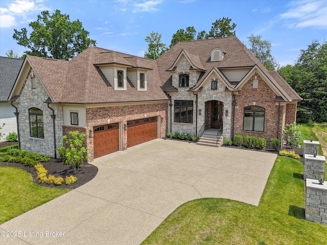 6511 Rosecliff Ct, Prospect, KY 40059 - french country home with driveway, stone siding, a shingled roof, and a garage