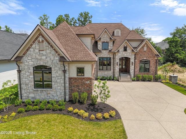 6511 Rosecliff Ct, Prospect, KY 40059 - french country home with stone siding, a shingled roof, and a front lawn