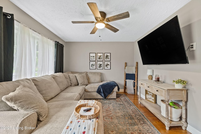 8433 Chase Rd, Louisville, KY 40258 - living room featuring a textured ceiling, a ceiling fan, and light wood-style flooring