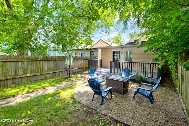 631 Lynn St, Louisville, KY 40217 - fenced backyard featuring a wooden deck and a fire pit