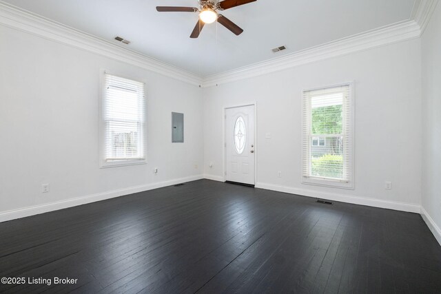 631 Lynn St, Louisville, KY 40217 - foyer entrance with electric panel, ceiling fan, ornamental molding, and dark wood-style flooring