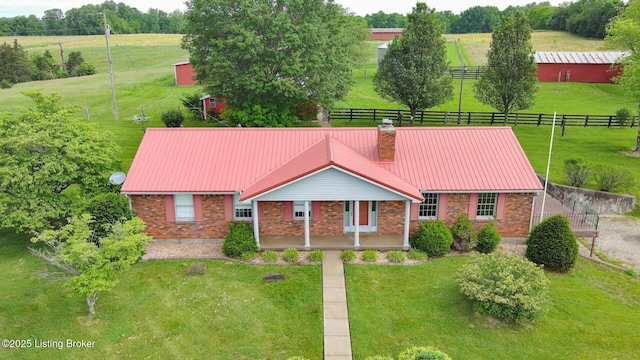 4198 Springfield Rd, Bardstown, KY 40004 - ranch-style home featuring brick siding, a chimney, a metal roof, and covered porch