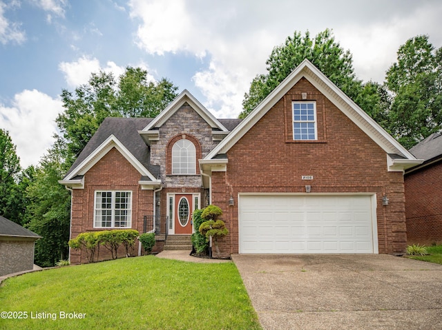 2108 Churchdown Ln, Louisville, KY 40214 - traditional-style house with brick siding, concrete driveway, a front yard, roof with shingles, and a garage
