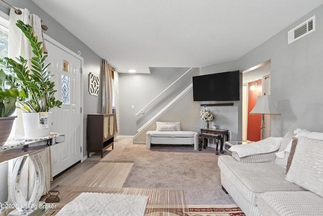 9903 Ponder Ln, Louisville, KY 40272 - carpeted living area featuring stairs