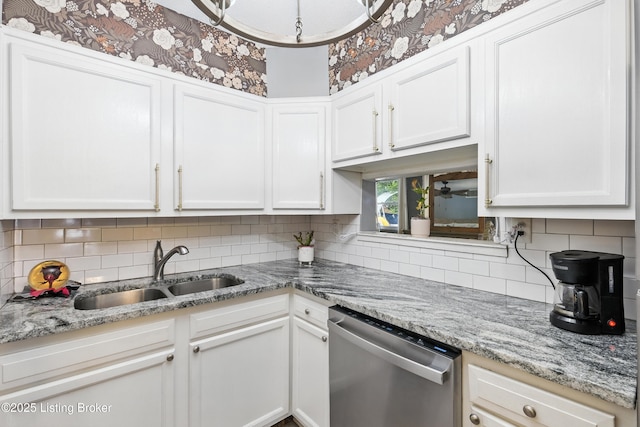 9903 Ponder Ln, Louisville, KY 40272 - kitchen featuring dishwasher, white cabinets, decorative backsplash, and light stone counters