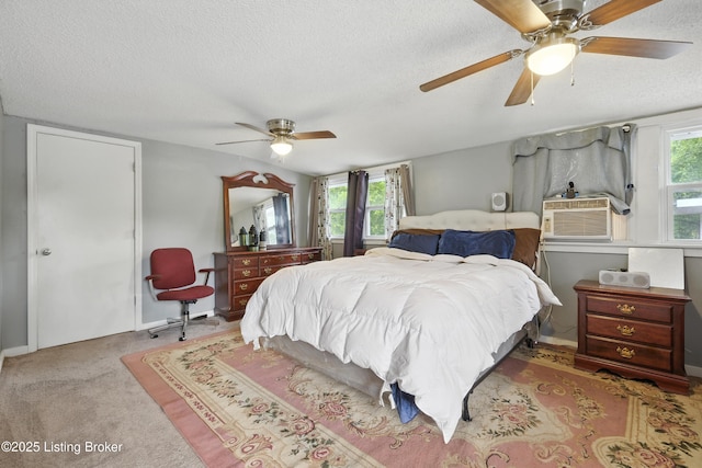 9903 Ponder Ln, Louisville, KY 40272 - bedroom featuring cooling unit, a textured ceiling, carpet, and a ceiling fan
