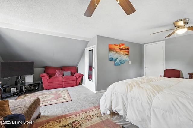 9903 Ponder Ln, Louisville, KY 40272 - carpeted bedroom featuring vaulted ceiling, a ceiling fan, and a textured ceiling
