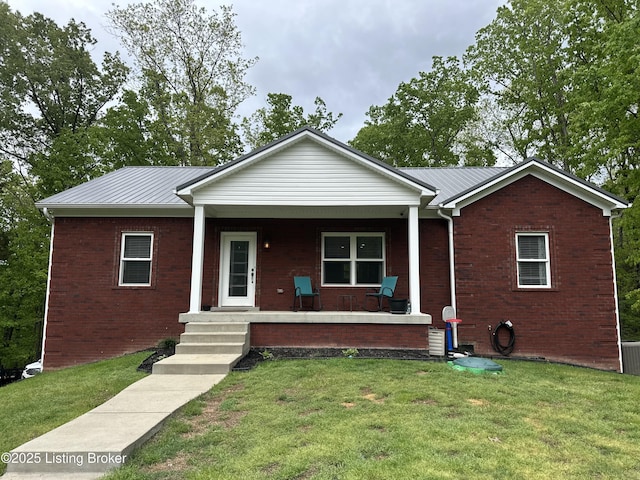 68 Lonnie Lawson Ct, Brandenburg, KY 40108 - single story home featuring a porch, brick siding, a front lawn, and a metal roof