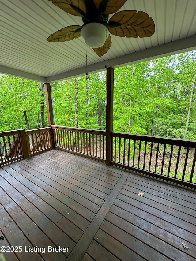 68 Lonnie Lawson Ct, Brandenburg, KY 40108 - wooden terrace with a ceiling fan and a wooded view