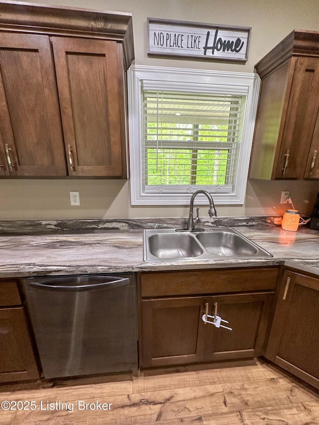 68 Lonnie Lawson Ct, Brandenburg, KY 40108 - kitchen featuring stainless steel dishwasher, dark countertops, and dark brown cabinetry