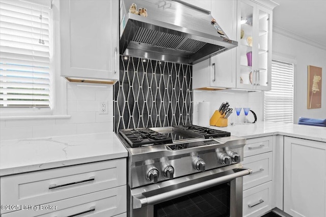 5612 Apache Rd, Louisville, KY 40207 - kitchen featuring high end stainless steel range oven, range hood, white cabinets, decorative backsplash, and ornamental molding